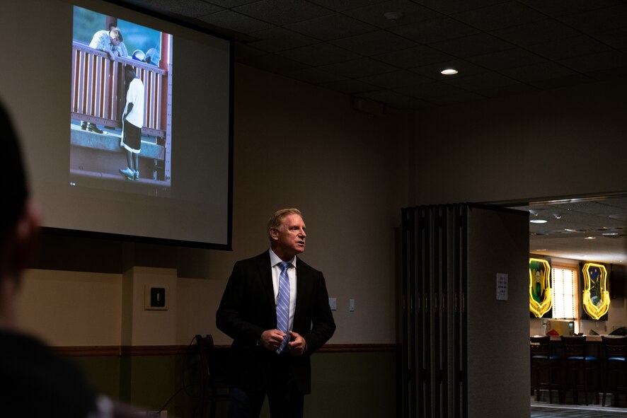 Kevin Briggs, U.S. Army veteran and suicide prevention awareness speaker, tells his story about dissuading more than 200 people from jumping off of the Golden Gate Bridge into the San Francisco Bay during his time as a California Highway Patrol sergeant for the suicide prevention storytellers event at Minot Air Force Base, North Dakota, Sept. 26, 2023. Briggs is the founder and CEO of Pivotal Points, an organization that aims to educate and speak about crisis management, suicide prevention and mental health awareness. (U.S. Air Force photo by Airman 1st Class Alyssa Bankston)