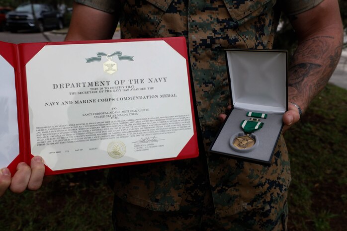 U.S. Marine Corps Corporal Aidan J. MeylerMcauliffe, an electrician with Service Company, Headquarters and Service Battalion, Marine Corps Recruit Depot Parris Island, S.C. poses for a photo, Sep. 27, 2023.

On Aug 07, 2023, Cpl. Myler was awarded the Navy Commendation Medal for his actions while saving the life of a local woman near Hilton Head Island, S.C.