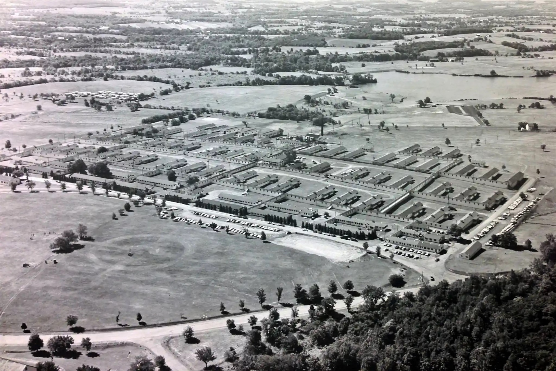 Among the facilities constructed after the federal government leased Indiantown Gap Military Reservation in 1940 was this 400-bed hospital in Area 14. Most of these buildings have since been demolished. (Date of photo unknown) (Pennsylvania National Guard photo)