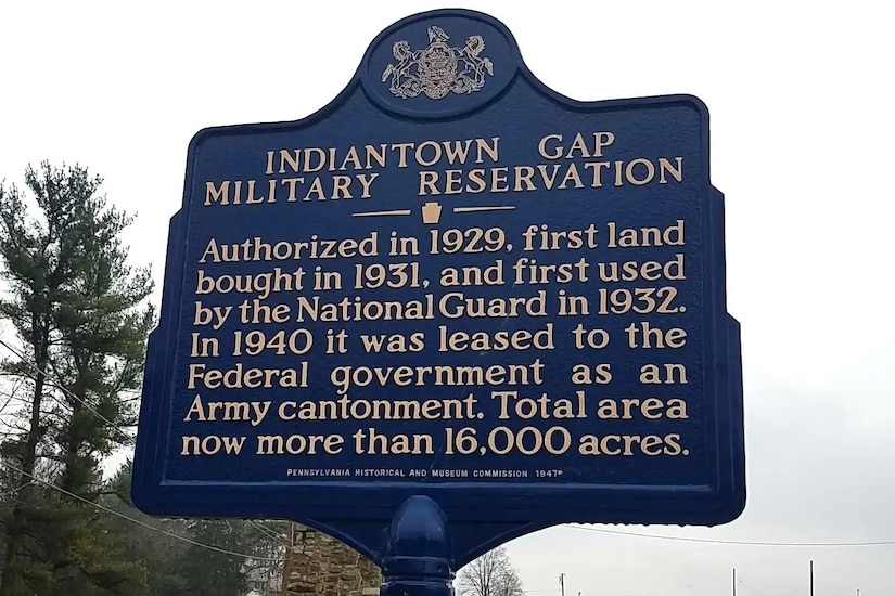 A Pennsylvania Historic and Museum Commission historical marker outside Fort Indiantown Gap. (Pennsylvania National Guard photo by Brad Rhen)