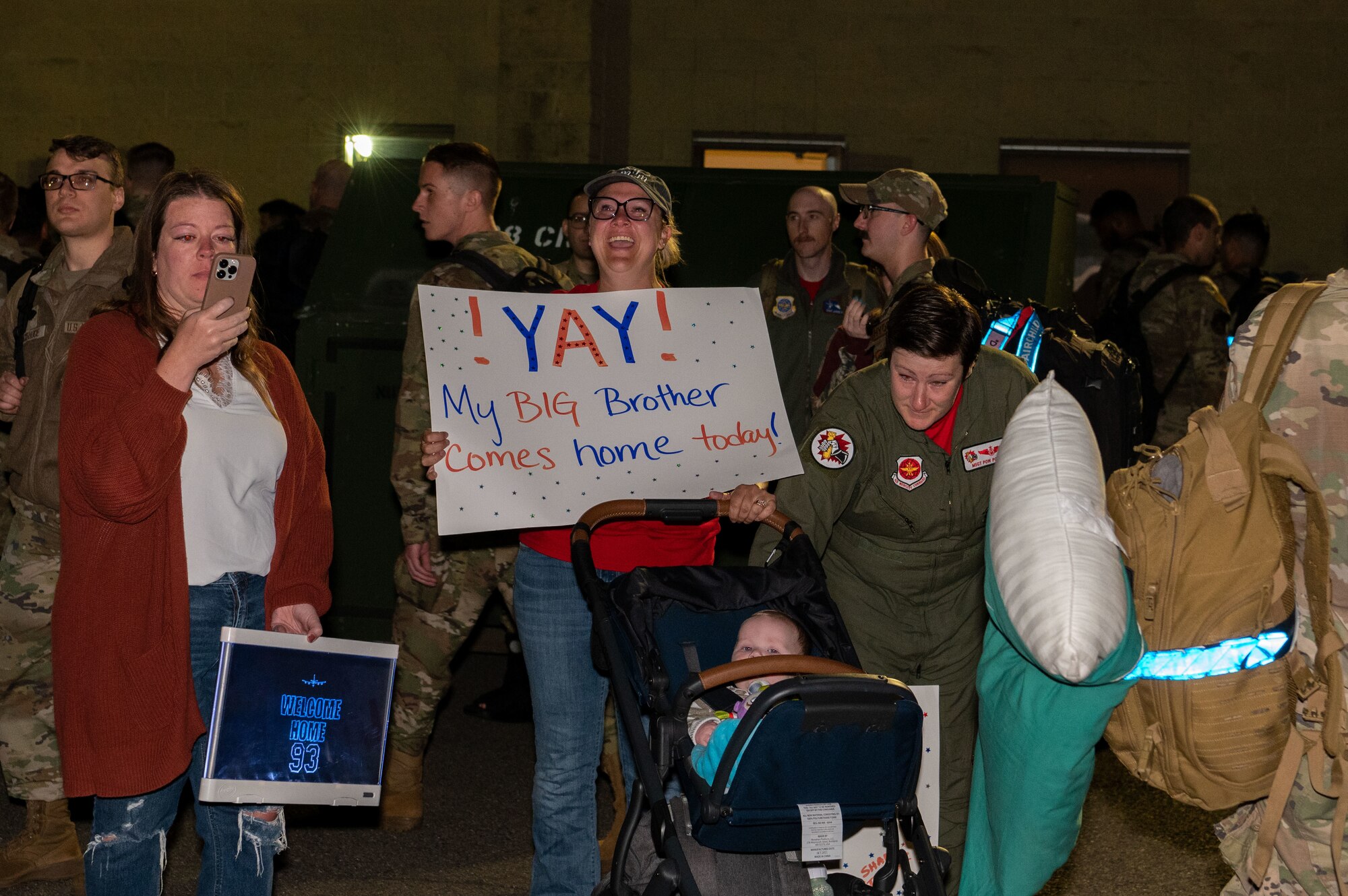 Family and friends welcome Airmen assigned to the 93rd Air Refueling Squadron home from deployment at Fairchild Air Force Base, Washington, Sept. 2, 2023. The 93rd ARS and the 92nd Aircraft Maintenance Squadron deployed over 150 personnel for roughly six months to support a variety of missions in the European theater. The 92nd Air Refueling Wing projects extends global reach and deterrence through empowered Airmen who perform aerial refueling, aero-medical evacuations, and passenger and cargo transport. (U.S. Air Force photo by Airman 1st Class Stassney Davis)