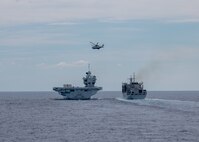 ATLANTIC OCEAN – The Royal British Navy’s Queen Elizabeth-class aircraft carrier HMS Prince of Wales (R09) conducts an underway replenishment with the U.S. Navy’s USNS Supply (T-AOE-6), Sept. 19, 2023. Prince of Wales is participating in a Western Atlantic deployment off the East Coast.