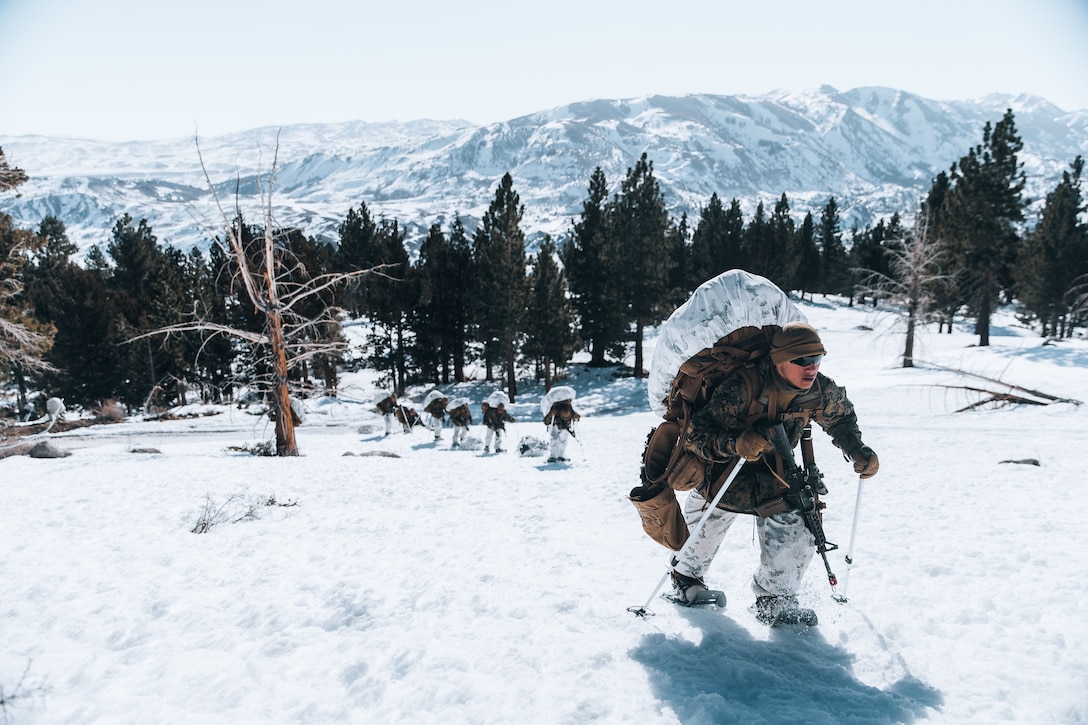 U.S. Marines with 3d Battalion, 3d Marines, 3d Marine Division, trek across winter terrain at Mountain Warfare Training Center, Bridgeport, Calif., Feb. 1, 2022. Marines with 3/3 conducted Mountain Warfare Training Exercise 2-22, where they increased their combat lethality and readiness through a company-level force-on-force offensive lane.
