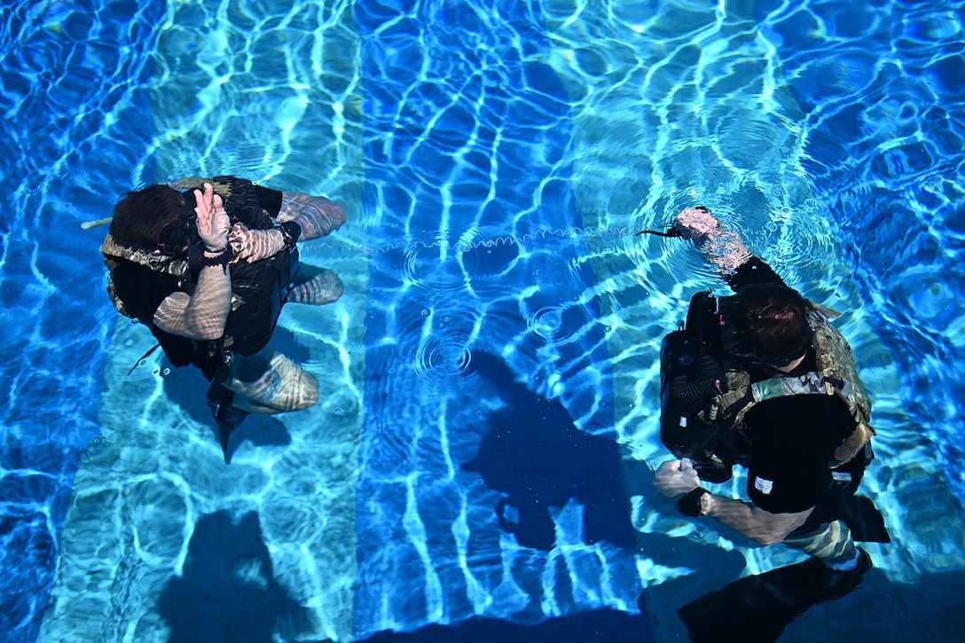 Two service members are shown training inside a pool. They are photographed from overhead.