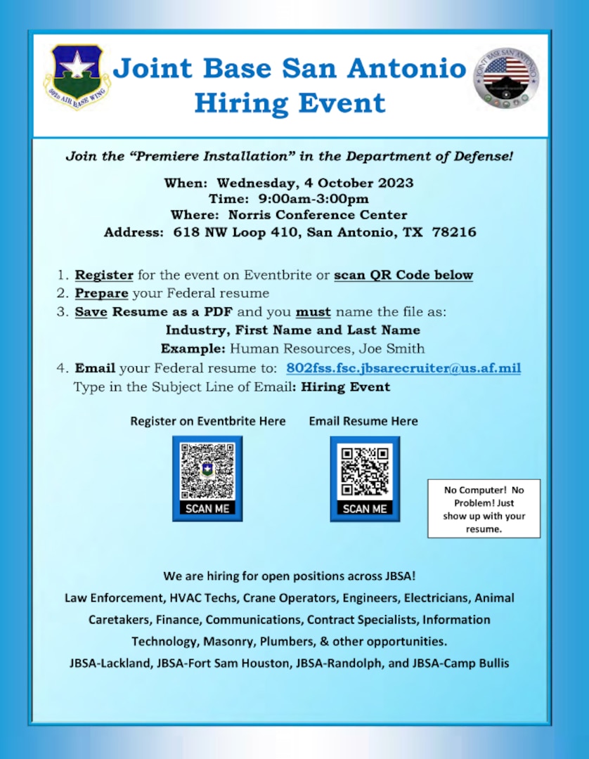 Joint Base San Antonio is hiring