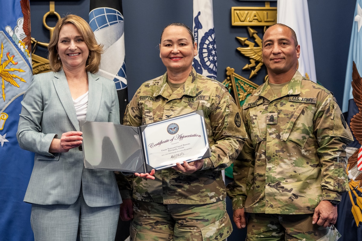 Deputy Secretary of Defense Kathleen H. Hicks recognizes the Guam National Guard's suicide prevention efforts at the Department of Defense's annual Suicide Prevention Awareness Recognition Ceremony in the Pentagon Hall of Heroes, Sept. 6, 2023.