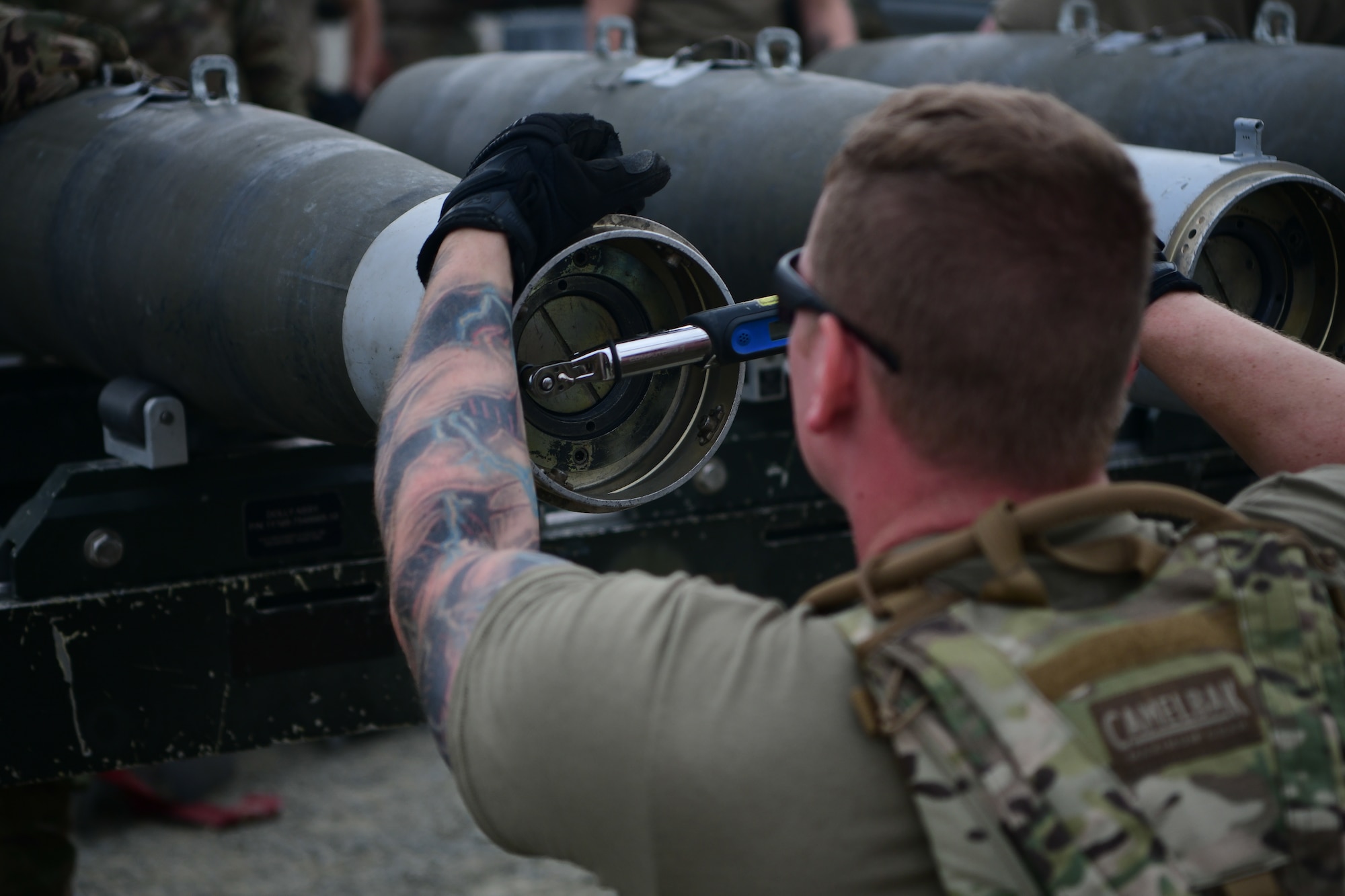 A 9th Munitions Squadron Airman takes part in a mass munitions production exercise on Beale Air Force Base, California on Sept. 25, 2023.