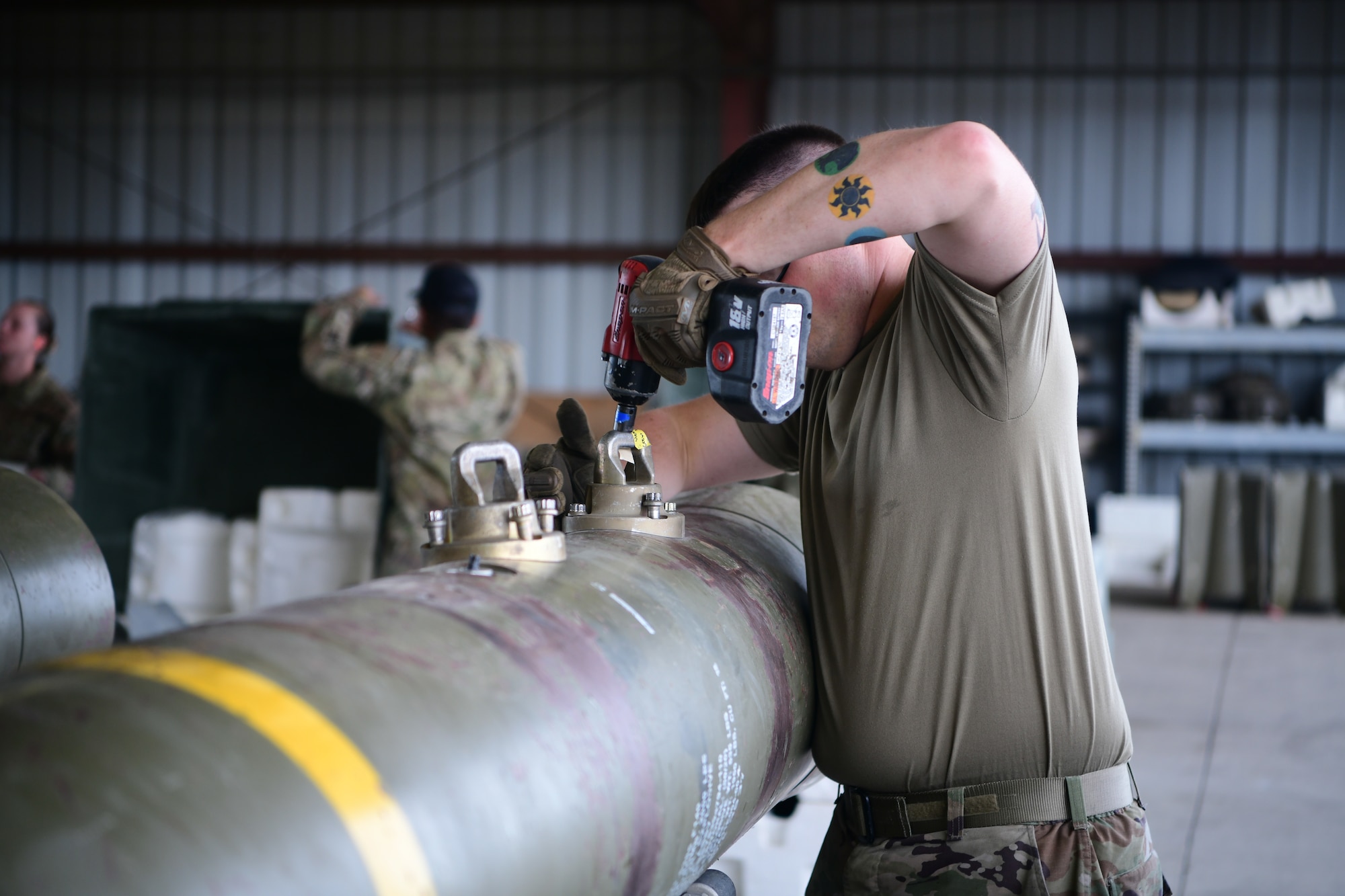 A 9th Munitions Squadron Airman takes part in a mass munitions production exercise on Beale Air Force Base, California on Sept. 25, 2023.