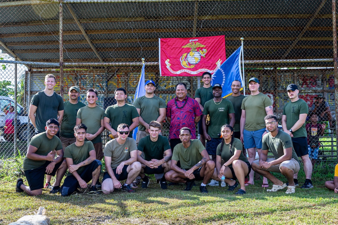 U.S. Marines and Sailors with Task Force Koa Moana 23 pose for a photograph with Alexander Narruhn, the governor of Chuuk, during a community field meet event hosted by U.S. Marines and Sailors with TFKM 23 on Weno, Chuuk, Federated States of Micronesia, Sept. 15, 2023. The state of Chuuk is a part of Task Force Koa Moana’s deployment throughout the Indo-Pacific region, where Marines and Sailors from I Marine Expeditionary Force work to strengthen alliances and partnerships with development of interoperable capabilities, combined operations, theater security cooperation, and capacity-building efforts. (U.S. Marine Corps photo by Cpl. Trent A. Henry)