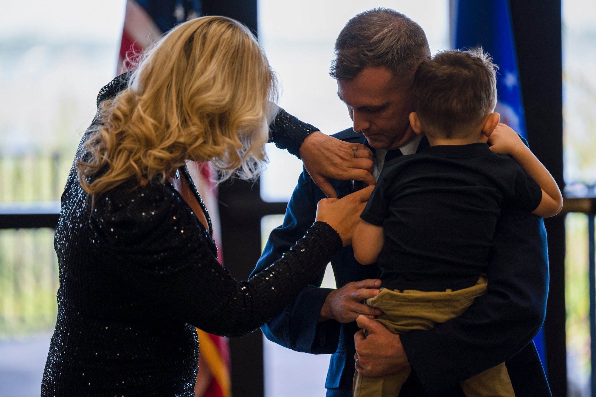 U.S. Space Force Capt. Samuel Aspiranti III, incoming 533rd Training Squadron Detachment 2 commander, receives a pin from his spouse and son during the 533rd TRS Det 2 activation and Assumption of Command ceremony at Keesler Air Force Base, Mississippi, Sept. 19, 2023.