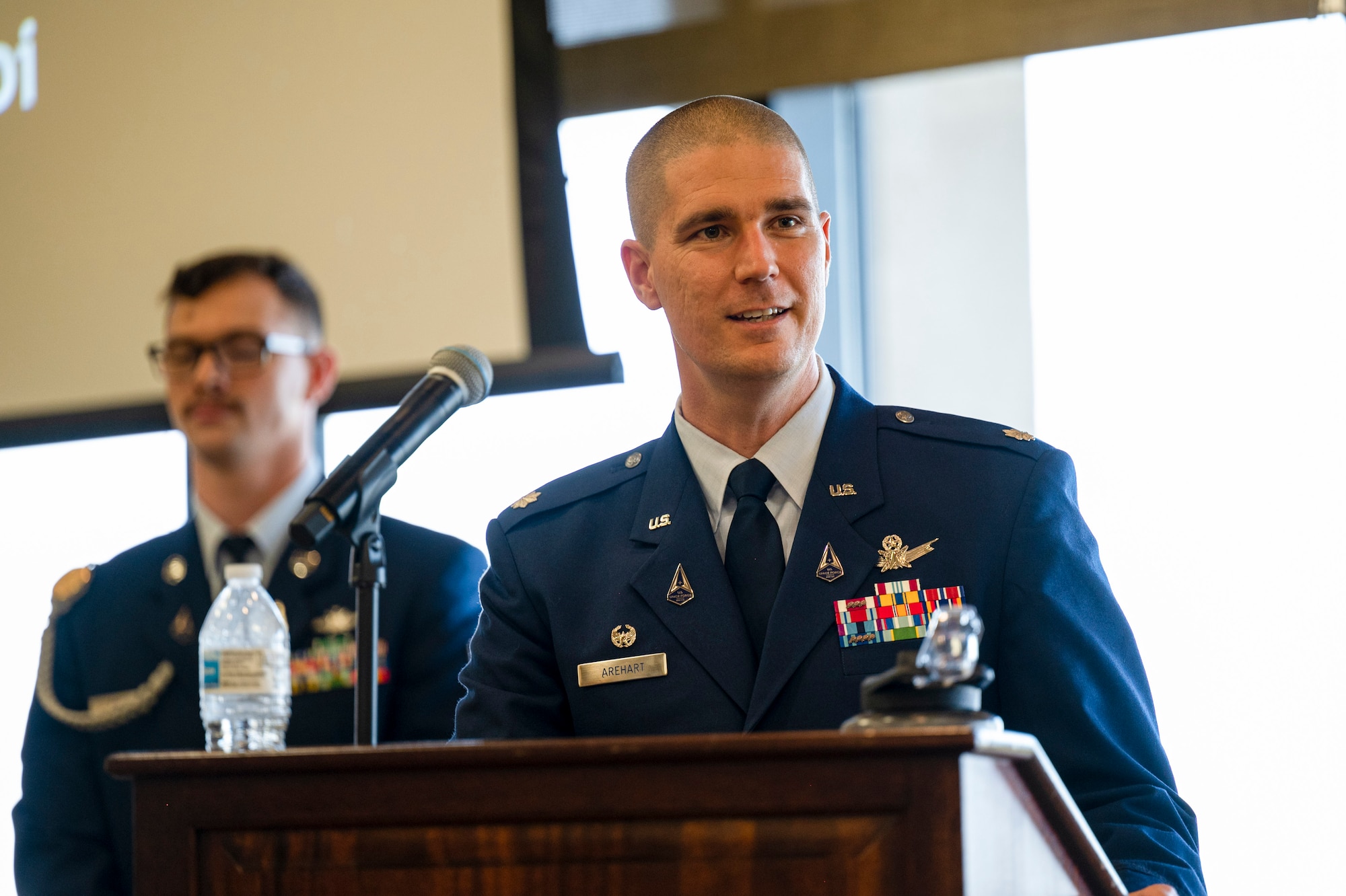 U.S. Space Force Lt. Col. Jonathan R. Arehart, 533rd Training Squadron commander, gives a speech during the 533rd TRS Detachment 2 activation and Assumption of Command ceremony at Keesler Air Force Base, Mississippi, Sept. 19, 2023.