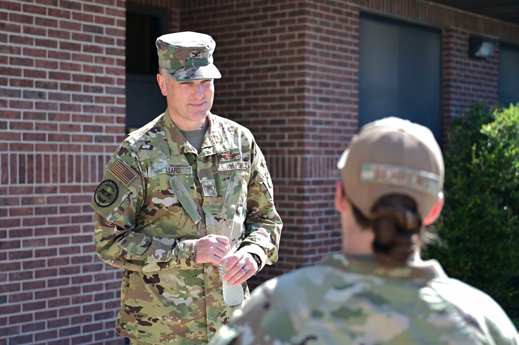 U.S. Air Force Col. Matthew Leard, Air Education Training Command Chief of Staff, is welcomed to the Louis F. Garland Department of Defense Fire Academy at Goodfellow Air Force Base, Texas, Sept. 28, 2023. The Fire Academy is home to the Fire Protection Apprentice Course for the DOD and is host to roughly 17 advanced Fire Protection courses including mobile training teams bringing courses to the field. (U.S. Air Force photo by Airman 1st Class Madison Collier)