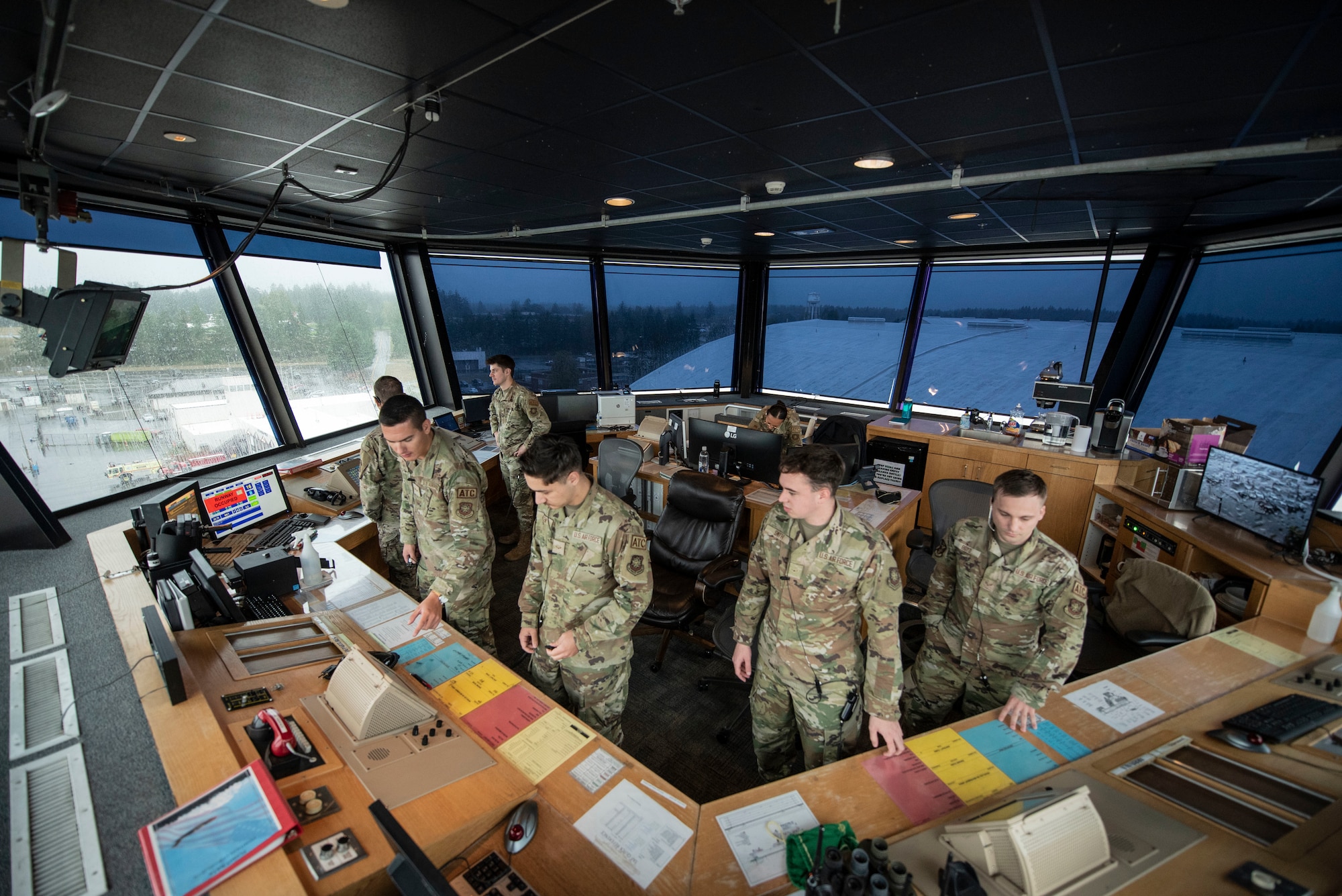 ATC has three different positions: ground control, local control, and flight data. Ground control involves taxiing aircraft out of their parking spots to wherever they need to go, as well as communicating with emergency vehicles. Local control involves notifying aircraft of potential hazards and other aircraft in the airspace. Flight data involves tracking blips, a symbol that represents an aircraft, on a radar within a 40-mile radius. (U.S. Air Force photos by Airman 1st Class Kylee Tyus)