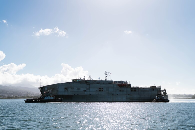 The USNS City of Bismarck (T-EPF-9) prepares to dock during Force Design Integration Exercise at Pearl Harbor, Hawaii, Sept. 28, 2023. During the exercise, the naval platform was employed to facilitate the expeditious transport of 3d Marine Littoral Regiment’s equipment to and from the Hawaiian Islands of Oahu and Kauai. Force Design Integration Exercise demonstrates the current capabilities of 3d MLR as an effective part of the Stand-In Force integrated with our Pacific Marines and Joint counterparts. Through the demonstration of Force Design 2030-enabled capabilities, 3d MLR showcases the implementation of technology, doctrine, and policy initiatives to allow the SiF to sense and make sense of potential adversaries, seize and hold key maritime terrain, and conduct reconnaissance and counter-reconnaissance. (U.S. Marine Corps photo by Cpl. Eric Huynh)