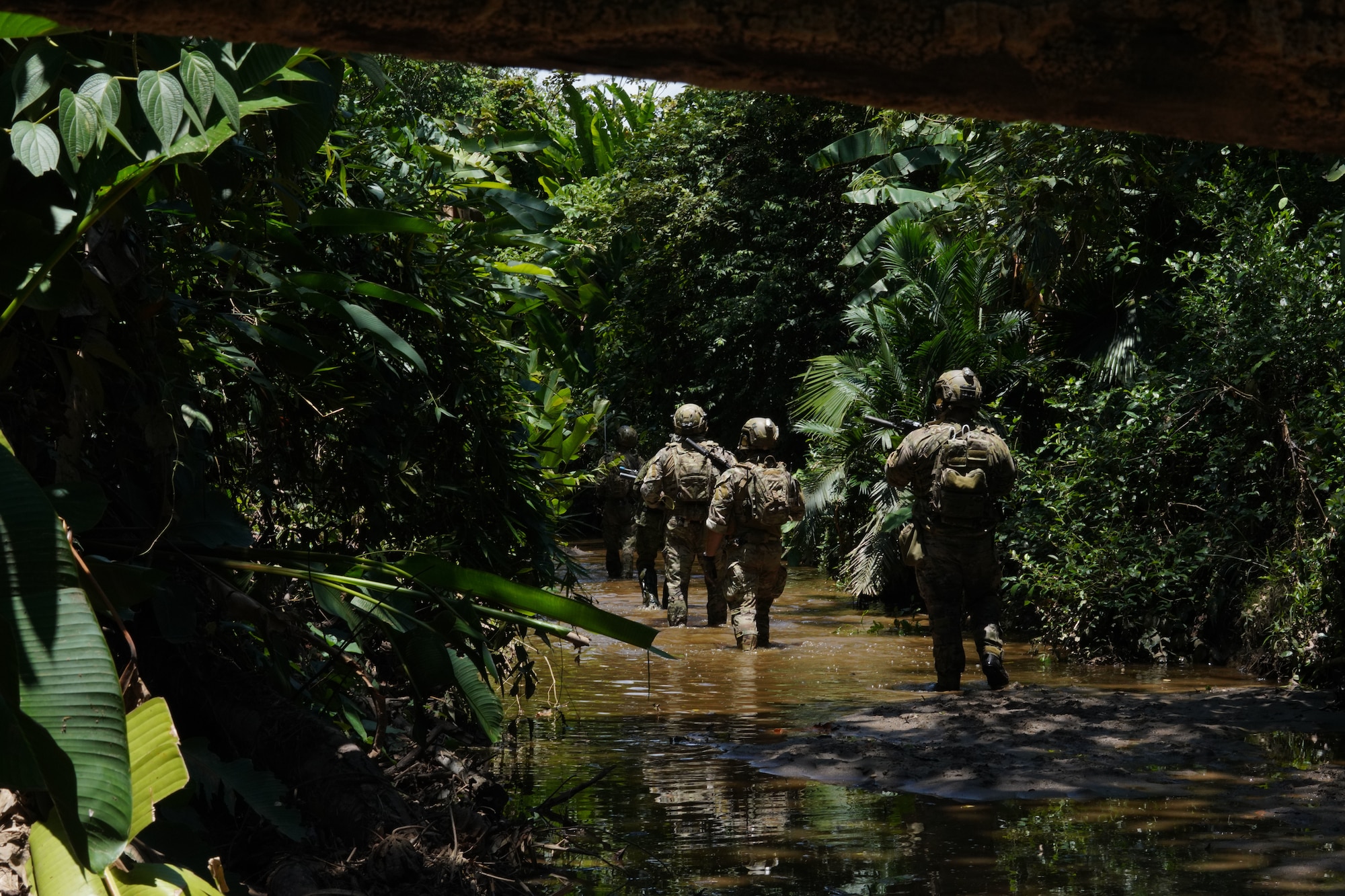 U.S. Coast Guard Maritime Security Response Team East members and Colombia Grupo de Operaciones Especiales Aéreas walk through a path while conducting personnel recovery training during exercise Ángel de los Andes, in Palanquero, Colombia, Aug. 23, 2023. This Colombian and U.S. training opportunity offers real-world benefits to U.S. and partner nation military personnel and the people of Colombia by promoting readiness. (U.S. Air Force photo by Airman 1st Class Juliana Londono)