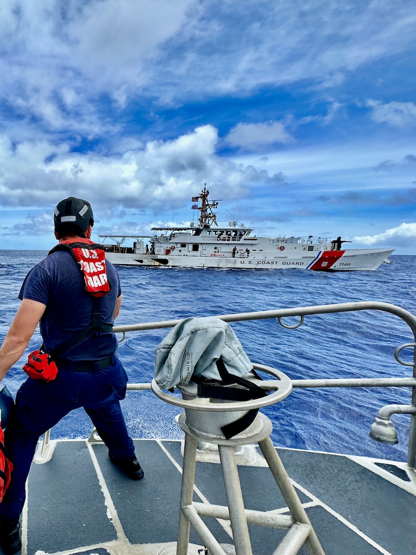 U.S. Coast Guard Station Apra Harbor crew picks up passengers from USCGC Oliver Henry (WPC 1140) as they depart Apra Harbor June 12, 2023, for a patrol serving partners in the Northern Mariana Islands and Guam. During the patrol, the Oliver Henry crew dedicated efforts to serve neighbors in the Commonwealth of the Northern Mariana Islands (CNMI) and Guam while actively countering potential illegal maritime activity and standing ready to respond rapidly to any at-sea emergencies. (U.S. Coast Guard photo by Chief Warrant Officer Sara Muir)