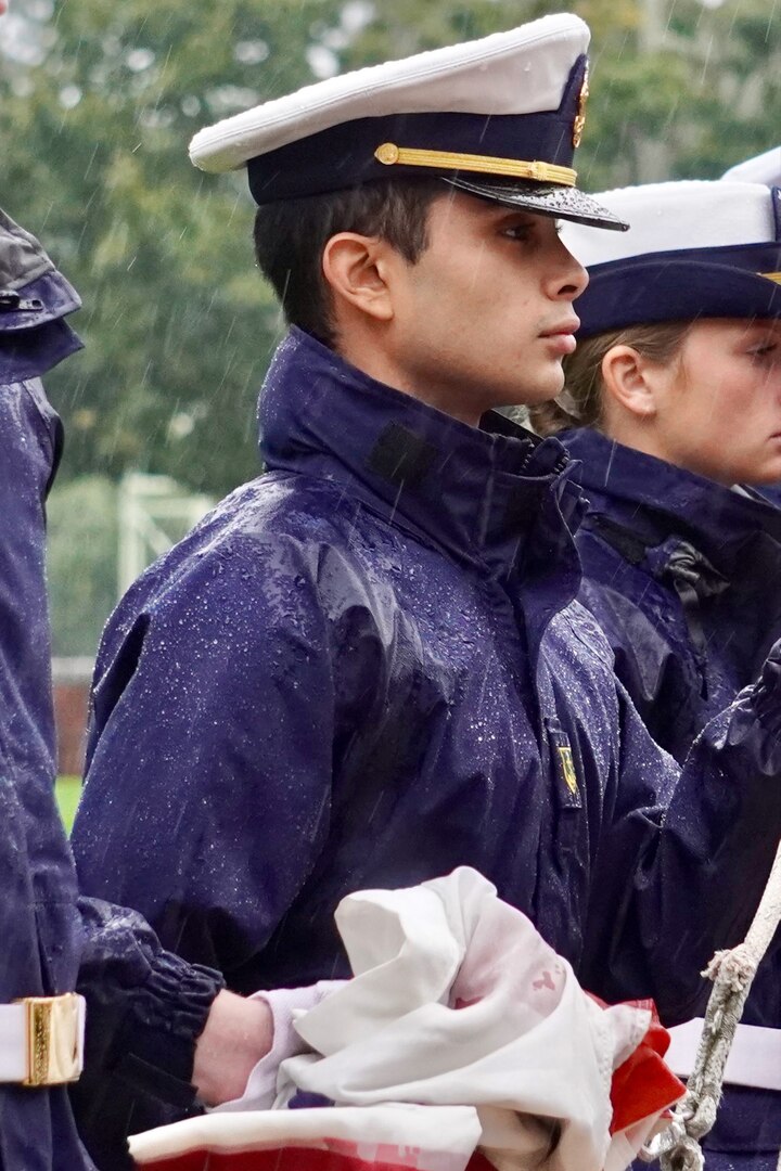 Cadet Noah Mesa participates in colors at the U.S. Coast Guard Academy on Sept. 30, 2022. Mesa is one of four cadets currently attending the institution, originally hailing from the Commonwealth of the Northern Mariana Islands. (U.S. Coast Guard photo)