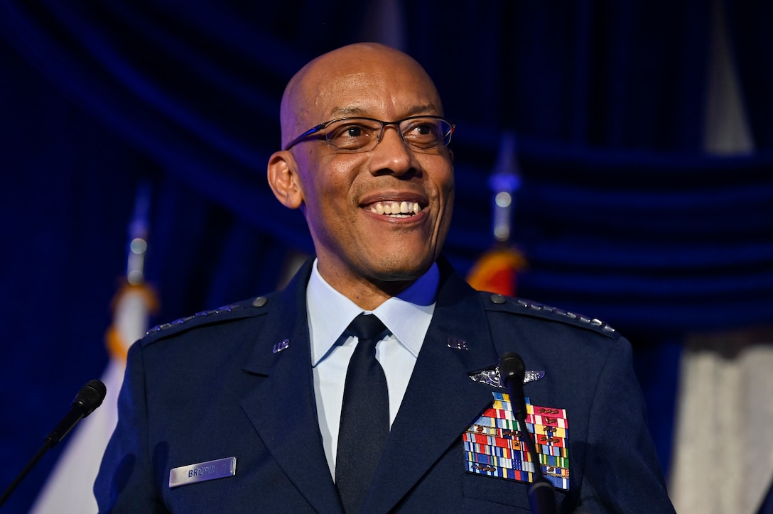 Air Force Chief of Staff Gen. CQ Brown, Jr. make remarks before presenting the Operation Homefront Military Child of the Year Award to Air Force recipient Louis Geer during a ceremony in Arlington, Va., April 13, 2023. (U.S. Air Force photo by Eric Dietrich)