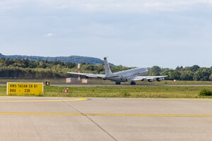 An E-8C Joint STARS aircraft takes off from Ramstein Air Force Base,  Germany, Sept. 21, 2023.