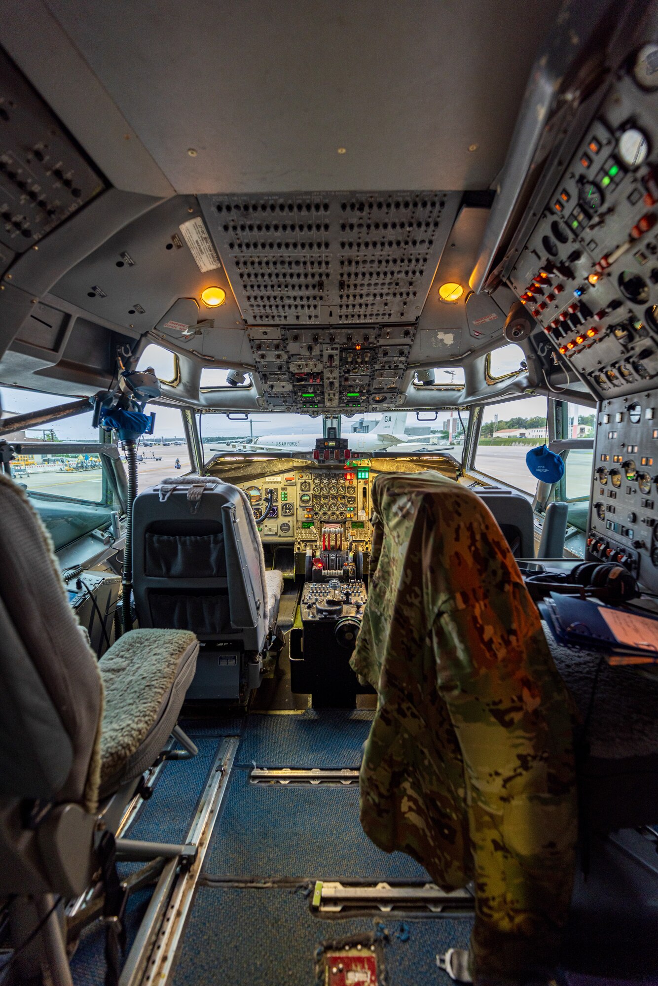 An E-8C Joint STARS flight deck at Ramstein Air Force Base,  Germany, Sept. 18, 2023.