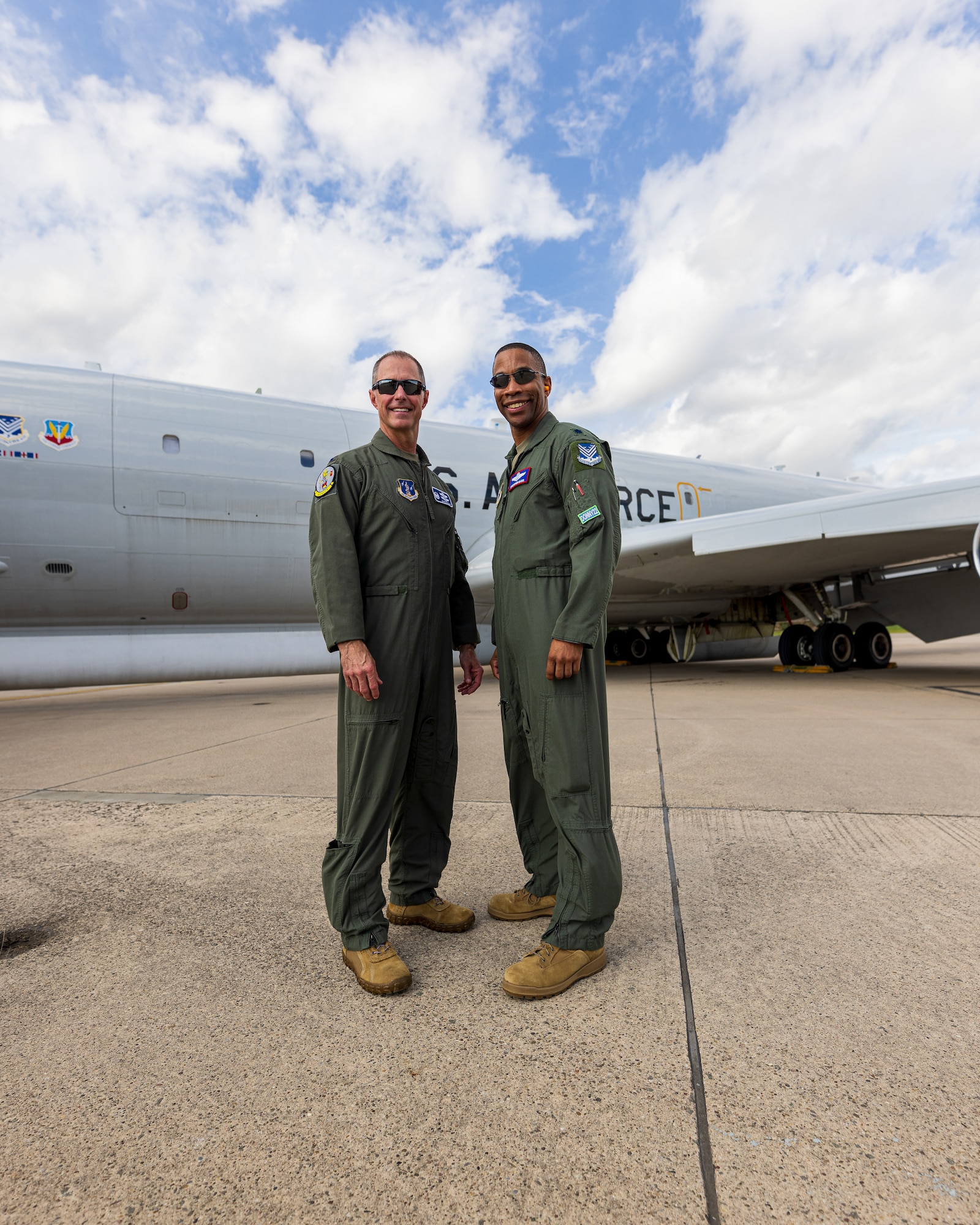 U.S. Air Force Col. Christopher Dunlap, wing commander of the 116th Air Control Wing, Georgia Air National Guard,  poses with Lt. Col Christopher Banks, in front of  the E-8C Joint STARS returning from its last mission at Ramstein Air Force Base,  Germany, Sept. 18, 2023.