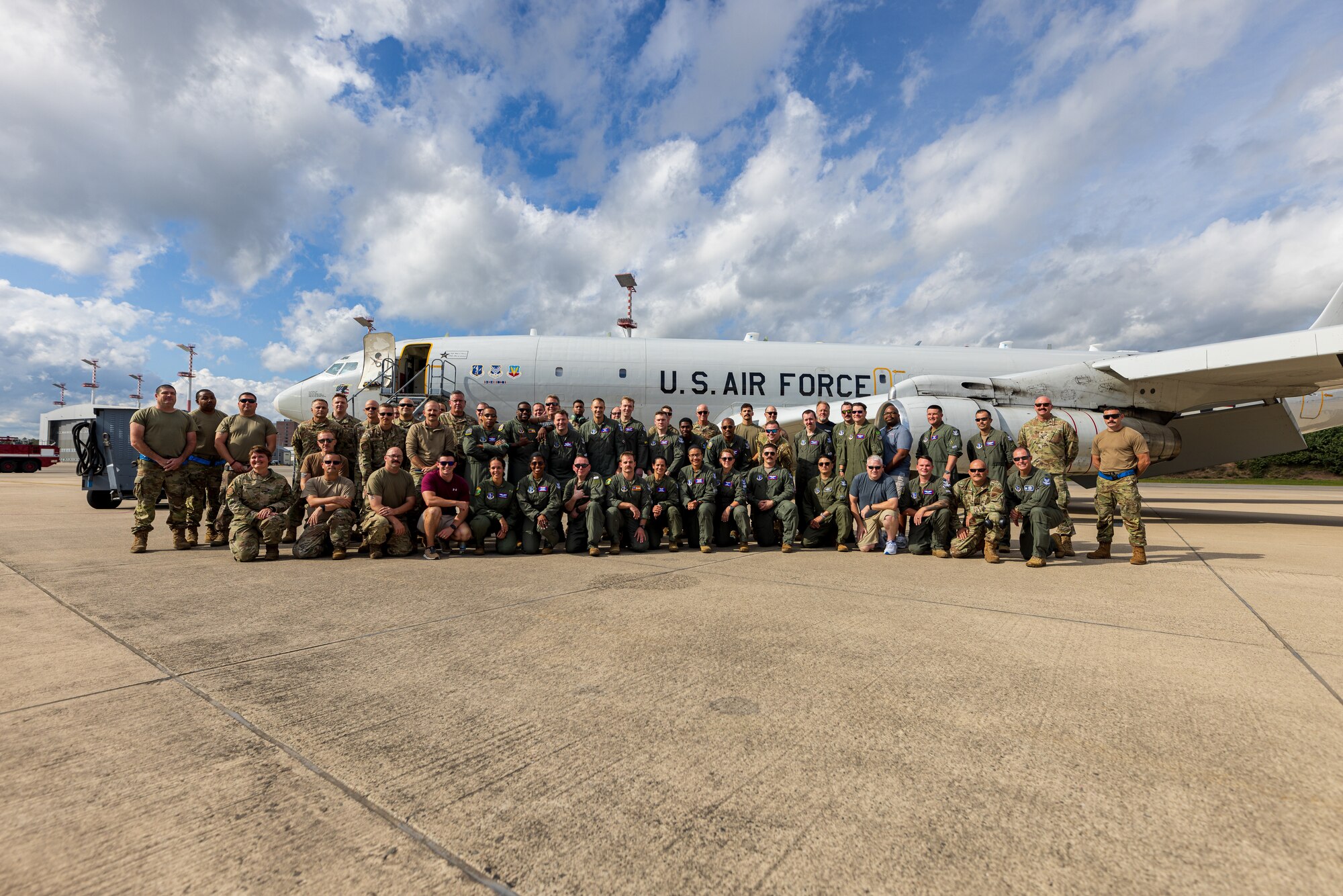 U.S. Airmen with the 116th Air Control Wing, Georgia Air National Guard, pose in front an E-8C Joint STARS for its last mission at Ramstein Air Force Base,  Germany, Sept. 18, 2023.