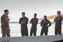 U.S. Air Force Lt. Col. Jeffrey Komives, Hypersonic Employment subject matter expert, orients operational crews B-1 Lancer, B-2 Spirit, B-52 Stratofortress, and F-15E Strike Eagle units across Air Force Global Strike Command and Air Combat Command on the Air Force’s Hypersonic Attack Cruise Missile as they participate in hypersonic weapon familiarization training at Edwards Air Force Base, California, Sept. 28, 2023. The participating crews received expert academics and training on hypersonic fundamentals and participated in tactical discussion on hypersonic operations to increase operational readiness and prepare multiple aircraft communities for hypersonics including the Hypersonic Attack Cruise Missile, Air-launched Rapid Response Weapon, and other programs under development. The Department of Defense is developing hypersonic science and technology to ensure the U.S. can rapidly field operational hypersonic systems. (U.S. Air Force photo by Lindsey Iniguez