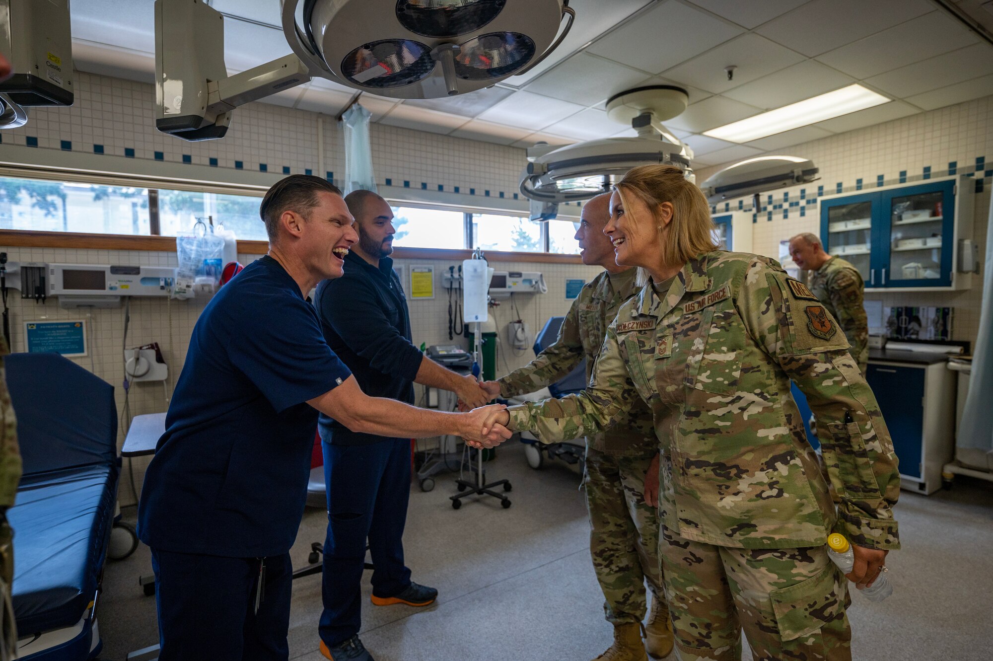 medical enlisted force and enlisted corps chief, greets Airmen from the 8th Medical Group during an immersion tour at Kunsan Air Base