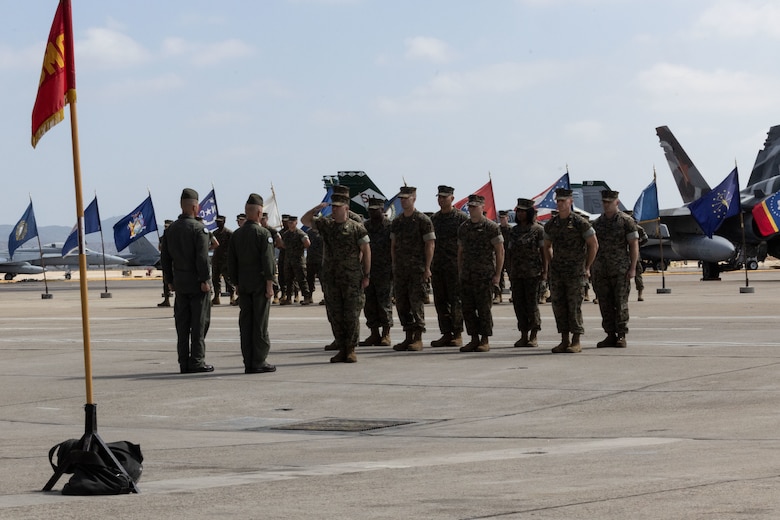 U.S. Marines with Marine Fighter Attack Training Squadron (VMFAT) 101, Marine Aircraft Group 11, 3rd Marine Aircraft Wing, stand in formation during the squadron’s deactivation ceremony at Marine Corps Air Station Miramar, California, Sept. 29, 2023.