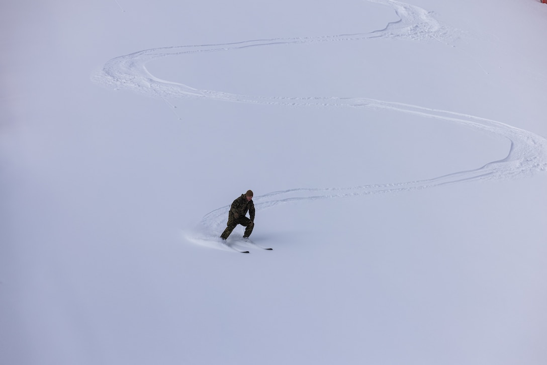 A U.S. Marine practices turning on skis during Korea Viper 24.1 at Pyeongchang, Republic of Korea, Feb. 16, 2024. The training teaches Marines multiple skiing techniques, mountain movement, and survival skills in an austere cold weather environment. In its first iteration, Korea Viper demonstrates the ROK-US Marine Corps ability to respond decisively in the region as a singular, unified force while strengthening relationships and trust between the two allies. The Marines are with 2d Battalion, 7th Marines. 2/7 is forward deployed in the Indo-Pacific under 4th Marine Regiment, 3d Marine Division as part of the Unit Deployment Program. (U.S. Marine Corps photo by Lance Cpl. Evelyn Doherty)