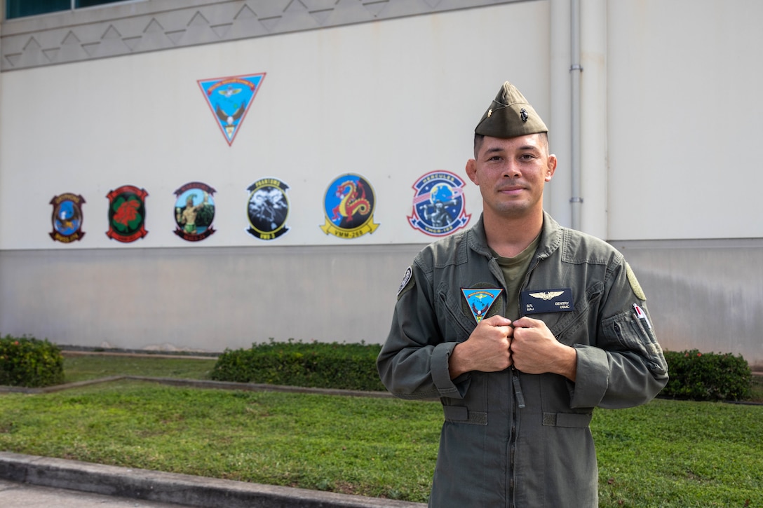 U.S. Marine Corps Maj. Shane Gentry, an MQ-9A MUX/MALE pilot with Marine Unmanned Aerial Vehicle Squadron 3, Marine Aircraft Group (MAG) 24, 1st Marine Aircraft Wing poses for a photo at MAG-24 headquarters, Marine Corps Air Station Kaneohe Bay, Hawaii, March 25, 2024. Gentry was awarded the Marine Corps Aviation Association’s Alfred A. Cunningham award for his superior performance. The award also names the recipient the Marine Aviator of the Year and is the highest honor a Marine aviator can achieve during their career. (U.S. Marine Corps photo by Lance Cpl. Logan Beeney)