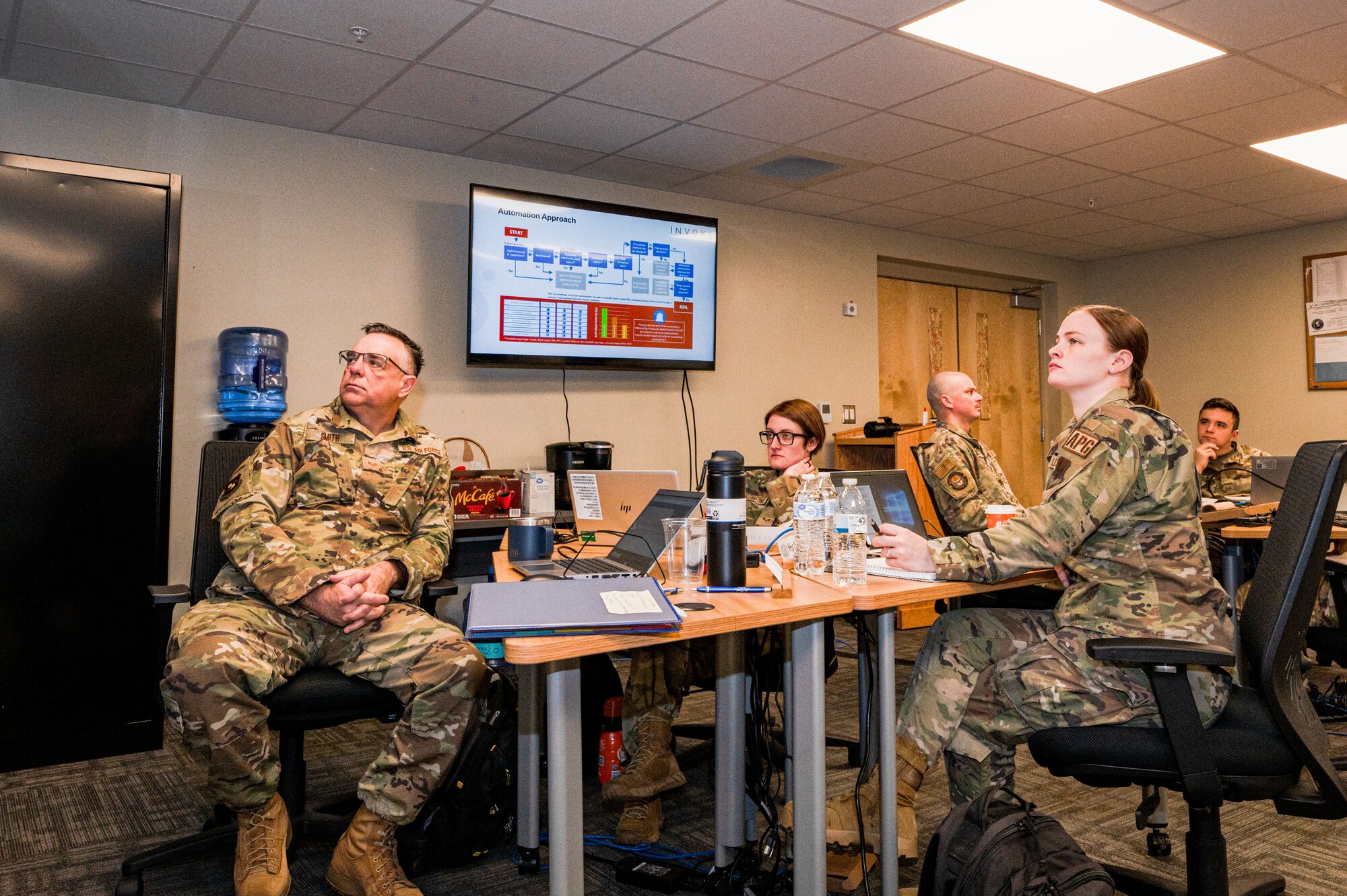 U.S. Air Force Airmen assigned to the 335th Training Squadron listen to a brief on robotic process automation at Keesler Air Force Base, Mississippi, March 12, 2024.