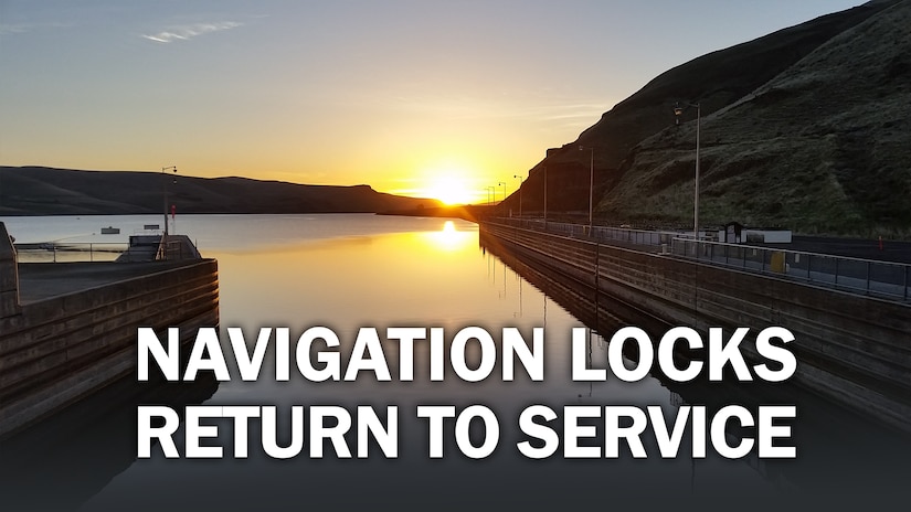 picture of navigation lock during sunset with text "navigation locks return to service"