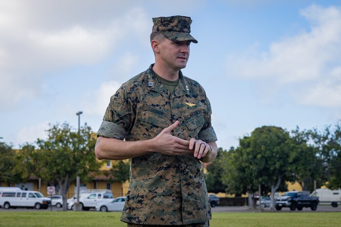 U.S. Marine Corps Capt. Ryan Schaub, with Service Company, Headquarters and Service Battalion, gives a speech during a change of command ceremony at Marine Corps Recruit Depot San Diego, March 29, 2024. Capt. Ryan Schaub relinquished his position to Maj. Jeshua Alston, who took charge as Service Company Commanding Officer. (U.S. Marine Corps photo by Lance Cpl. Jacob B. Hutchinson)
