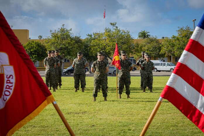 U.S. Marines with Service Company, Headquarters and Service Battalion, stand in formation during a change of command ceremony at Marine Corps Recruit Depot San Diego, March 29, 2024. Capt. Ryan Schaub relinquished his position to Maj. Jeshua Alston, who took charge as Service Company Commanding Officer. (U.S. Marine Corps photo by Lance Cpl. Jacob B. Hutchinson)