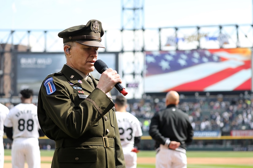 Country music star, Craig Morgan, performs the National Anthem at the Chicago White Sox opening day game versus the Detroit Tigers on March 28, 2024 at Guaranteed Rate Field.