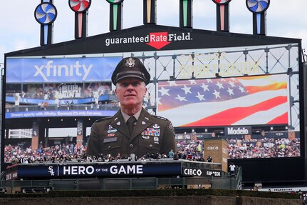 Country music star and Army Reserve Warrant Officer Craig Morgan Greer is cheered by baseball fans as the ‘Hero of the Game’ during the Chicago White Sox home opener versus the Detroit Tigers at Guaranteed Rate Field in Chicago on March 28, 2024.