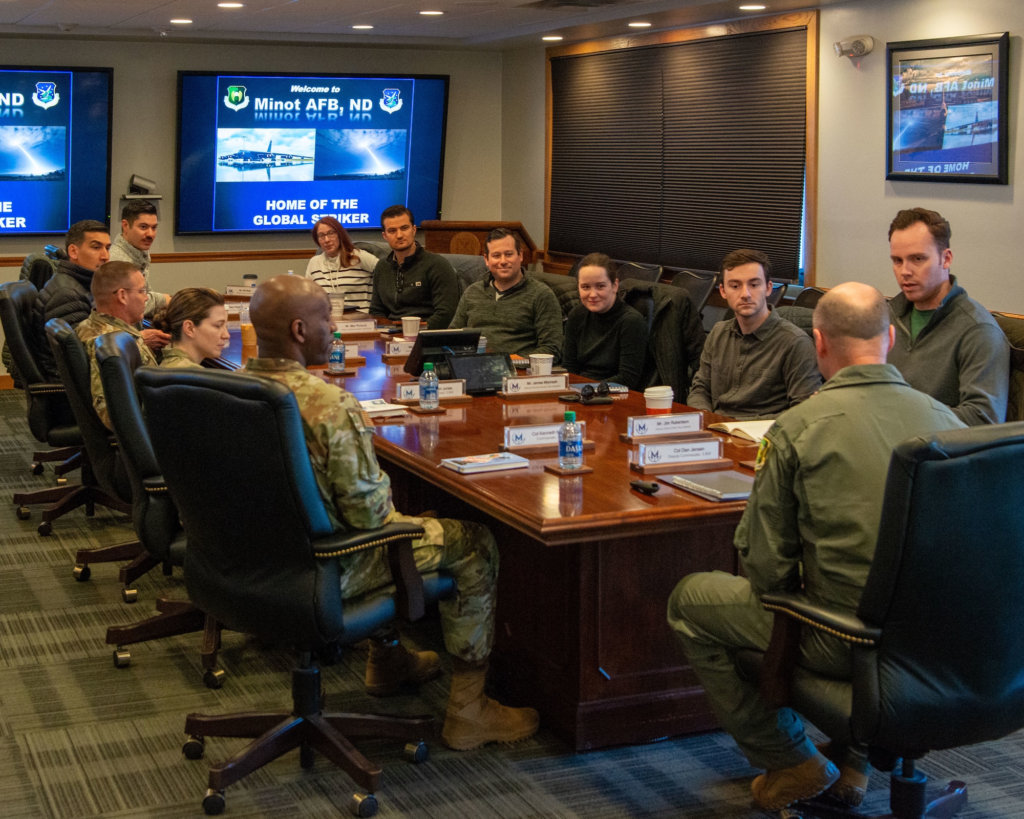 House Armed Services Committee and House Appropriations Committee staff delegates are briefed by Minot Air Force Base leaders at Minot Air Force Base, North Dakota, March 28, 2024. The staff delegates visited to familiarize themselves with Minot’s role in the nuclear triad. (U.S. Air Force photo by Senior Airman Evan Lichtenhan)