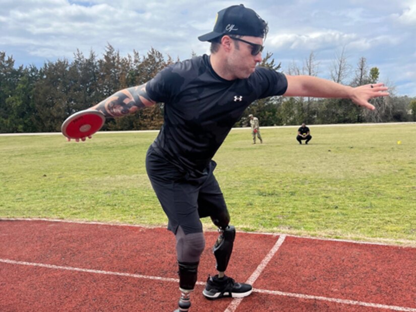 Ret. Army Spc. JP Lane in the discus competition at the 2024 Army Trials.