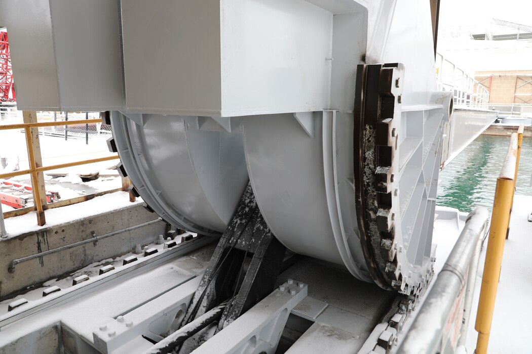 The Poe Lock ship arrestor lever arm installed at the Soo Locks in Sault Ste. Marie, Michigan on March 19, 2024. The new Poe Lock ship arrestor arm is the largest U.S. civil works component produced by 3D printer.