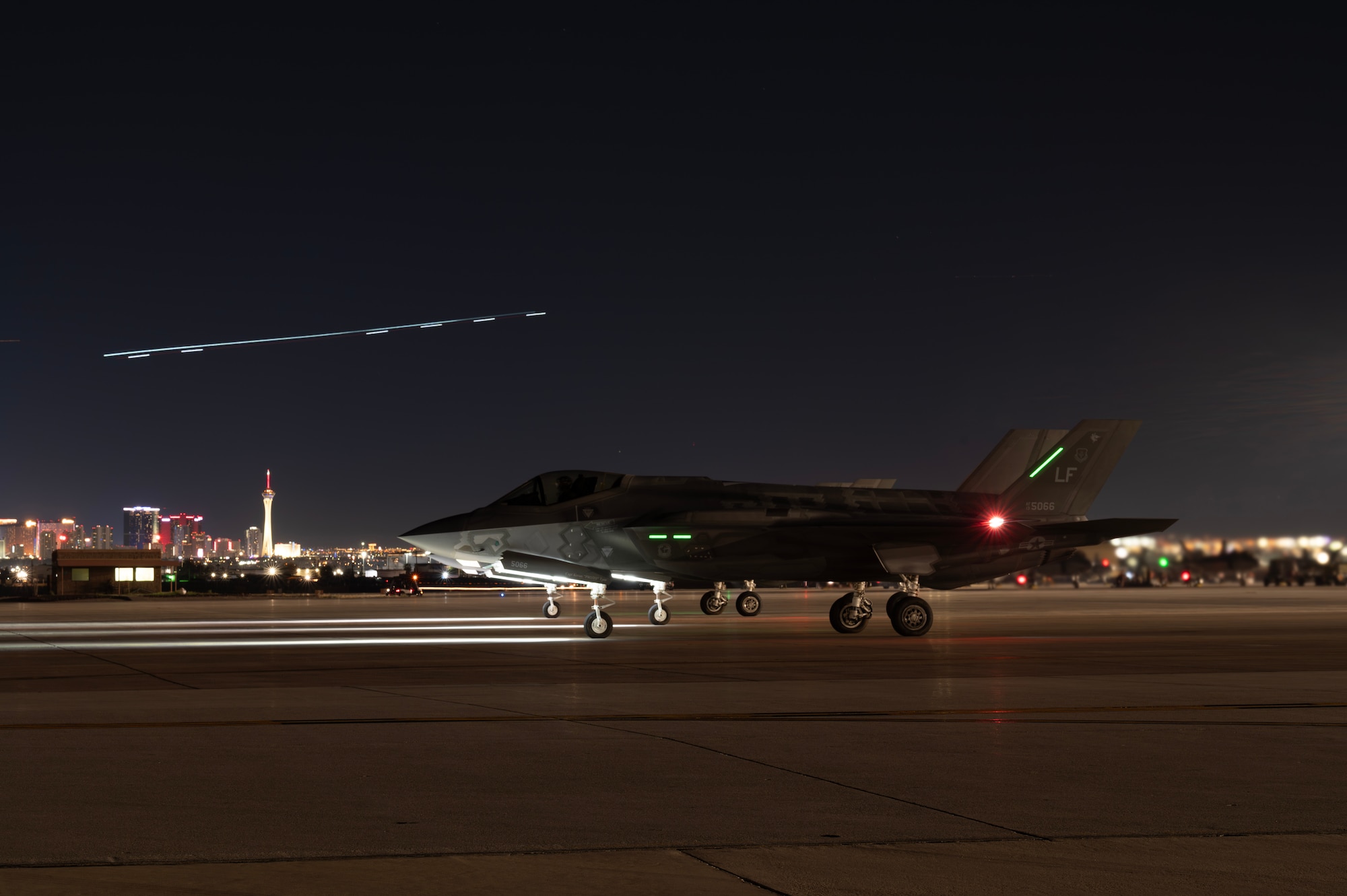 A U.S. Air Force F-35A Lightning II assigned to the 56th Wing, Luke Air Force Base (AFB), Arizona, waits to take off for Red Flag-Nellis 24-2 mission at Nellis AFB, Nevada, March 20, 2024.