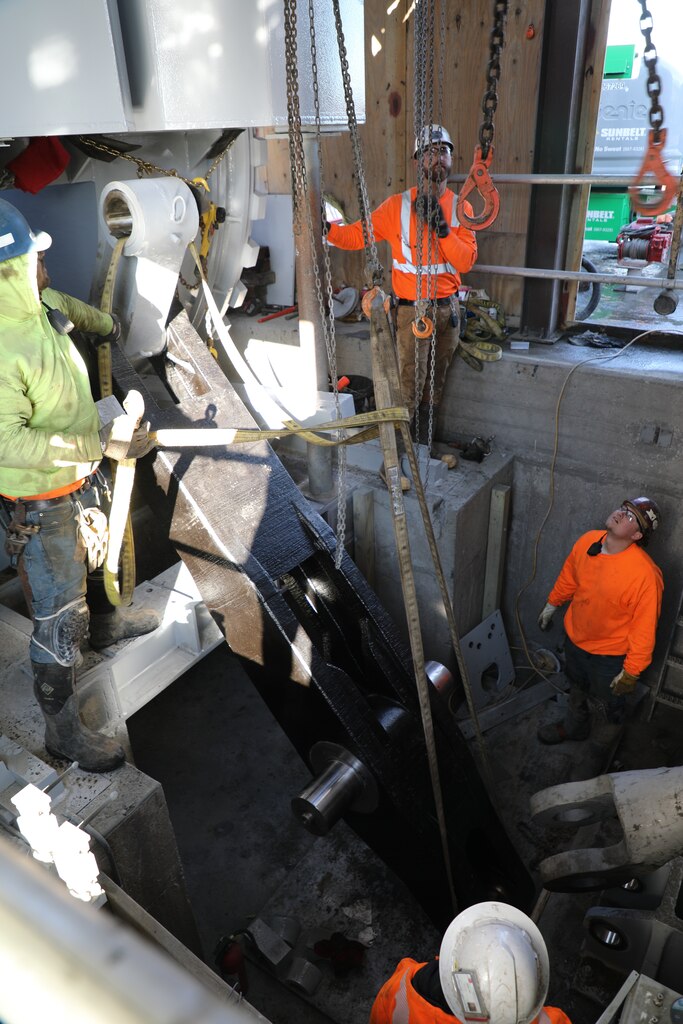 Poe Lock ship arrestor contractor OCCI, Inc. of Fulton Missouri installs the largest U.S. civil works component produced by a 3D printer at the Soo Locks in Sault Ste. Marie, Michigan on March 1, 2024.