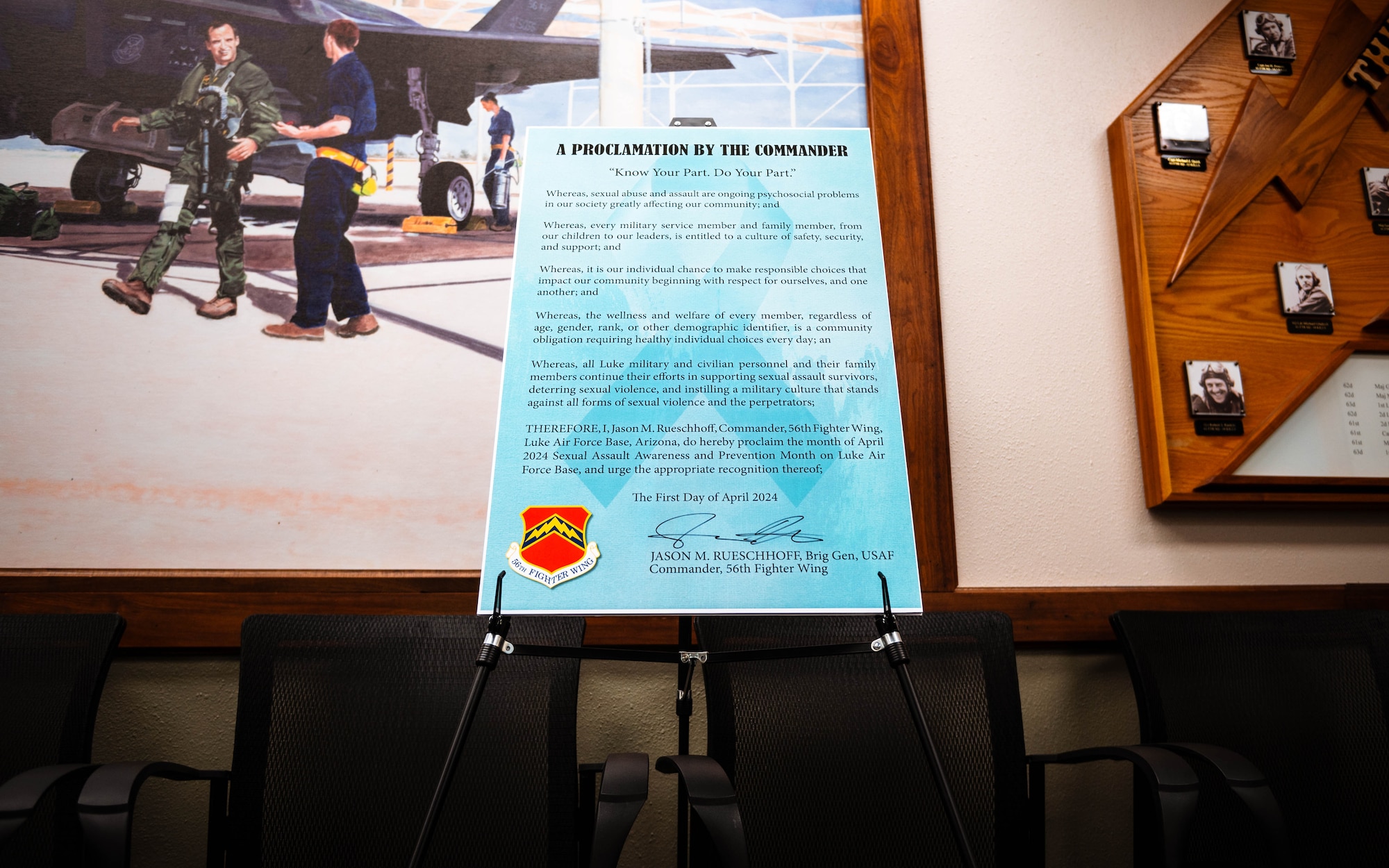 A proclamation signed by U.S. Air Force Brig. Gen. Jason Rueschhoff, 56th Fighter Wing commander, dedicating the month of April as the Sexual Assault Prevention and Response month sits on an easel.