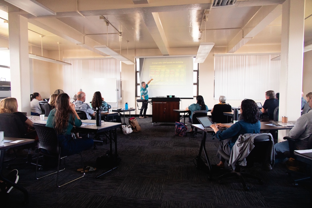 Dr. Chip Fletcher, interim dean of the School of Ocean and Earth Science and Technology at University of Hawaii at Manoa, discusses declining average wind speeds during a meeting for the Ko’olaupoko Resilience Review, Marine Corps Base Hawaii, March 7, 2024. The Ko’olaupoko Resilience Review is a community-focused analysis of the potential future impacts of climate change in Ko’olaupoko with the goal of identifying projects that will improve environmental resilience. (U.S. Marine Corps photo by Sgt. Brandon Aultman)