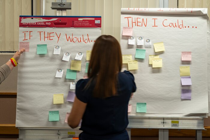 Andrea Aroche, 412th Logistics Readiness Squadron, participates in a creative brainstorming activity during a Project Mercury Innovators Workshop at Edwards AFB, California, Feb. 21-23.