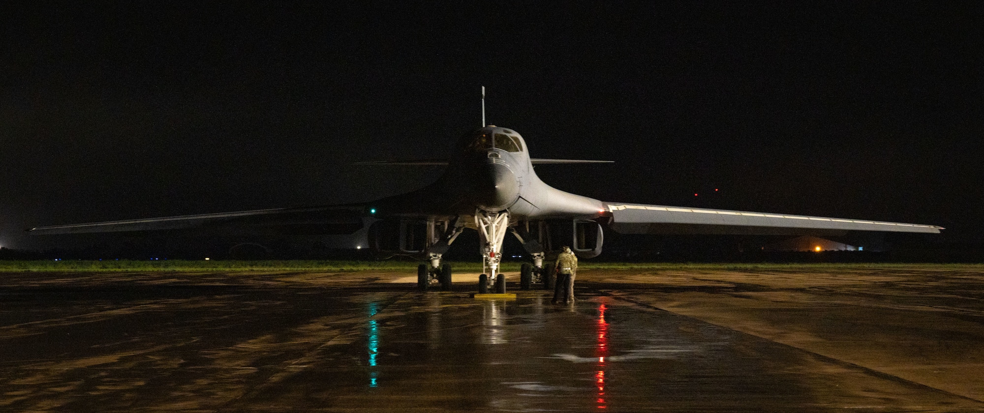 A U.S. Air Force B-1B Lancer with the 9th Expeditionary Bomb Squadron from Dyess Air Force Base, Texas, prepare to taxi at Morón Air Base, Spain, in support of Bomber Task Force Europe, March 28, 2024. BTF Europe provides U.S. and NATO leaders with strategic options to assure, deter and defend against adversary aggression against the Alliance, throughout Europe, and across the globe. (U.S. Air Force photo by Senior Airman Zachary Wright)