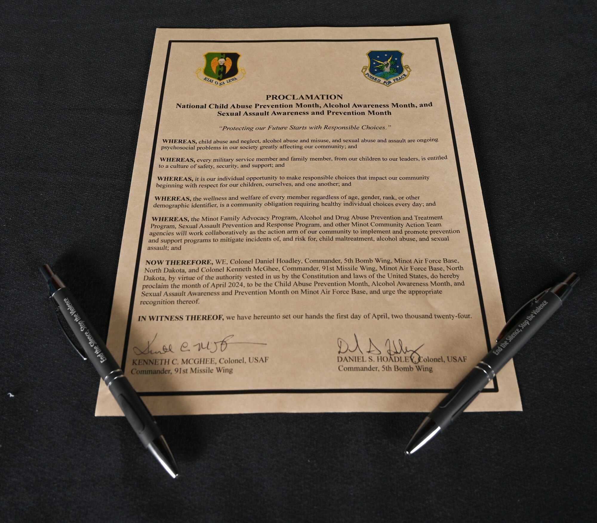 The signed Month of the Military Child proclamation sits on a table at Minot Air Force Base, North Dakota, March 25, 2024. Month of the Military Child is a nationally recognized celebration which honors service members’ children. (U.S. Air Force photo by Airman 1st Class Trust Tate)