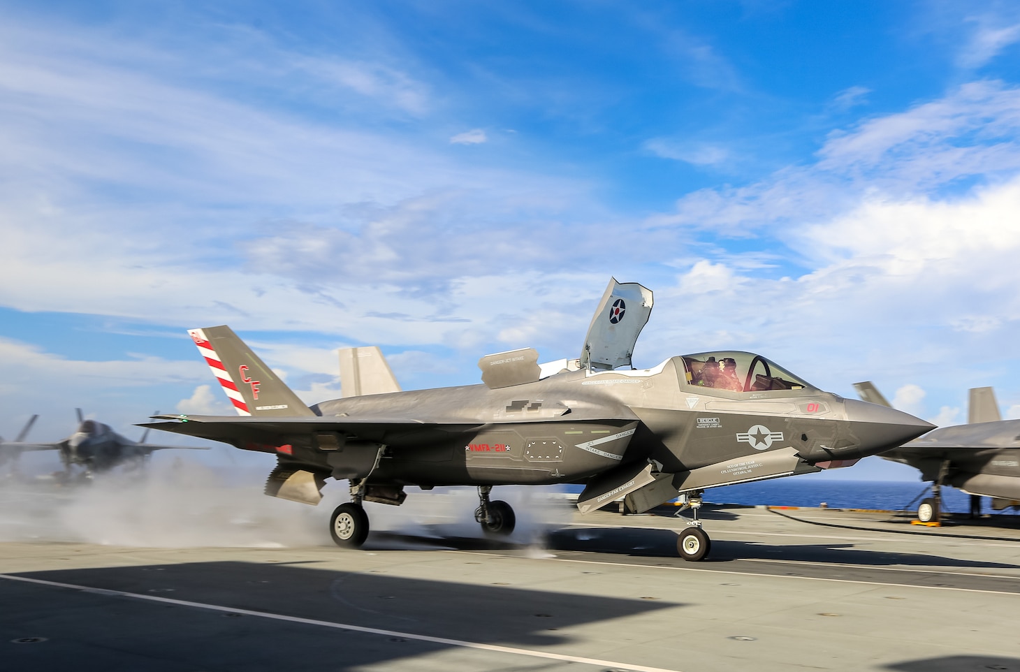 U.S. Marine Corps Maj Brian Kimmins prepares to launch an F-35B from HMS Queen Elizabeth for a historic cross-deck operation with USS America in the Pacific Ocean on August 20, 2021