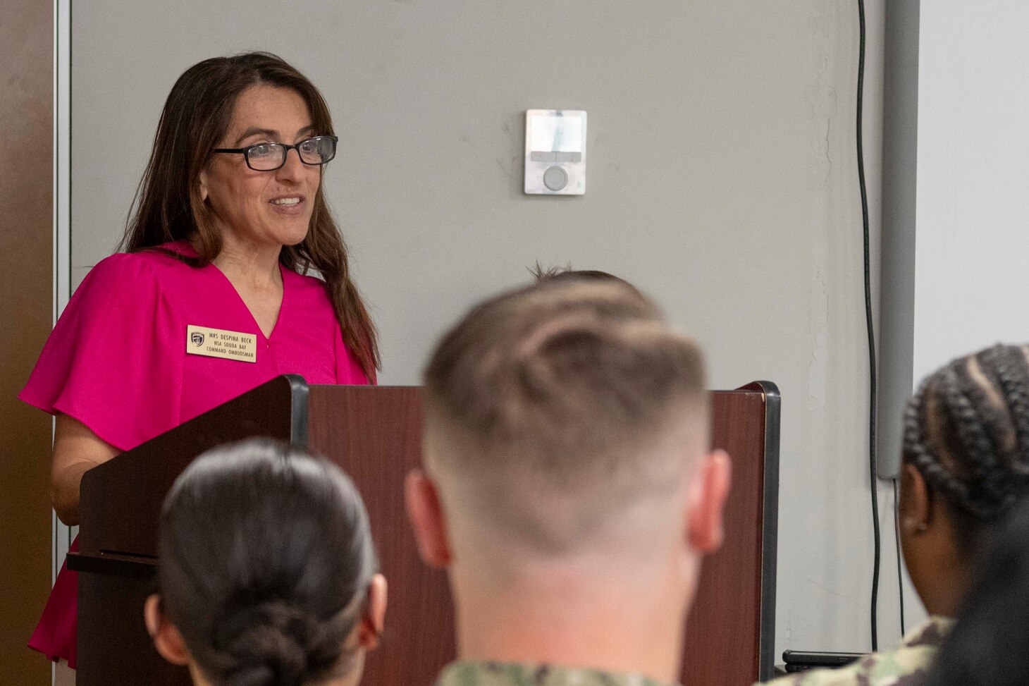 Despina Beck, ombudsman, Naval Support Activity Souda Bay, talks about her journey as a mother and Navy spouse during a Women’s History Month event on March 27, 2024.