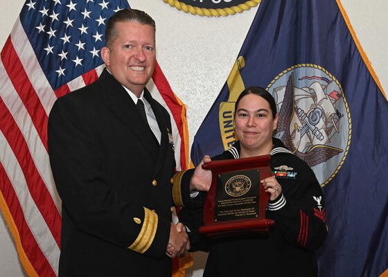 JOINT BASE SAN ANTONIO-FORT SAM HOUSTON – (March 29, 2024) – Hospital Corpsman 1st Class Dana Connor, of Barnett, Mo., assigned to Navy Medicine Training Support Center (NMTSC), was recognized by Rear. Adm. Walter Brafford, commander, Naval Medical Forces Support Command (NMFSC), as the Command Career Counselor of the Year at NMFSC headquarters. NMFSC develops and delivers integrated education and training that produces operational medical experts to project Medical Power in support of Naval Superiority. (U.S. Air Force photo by Taylor Curry, 502 Air Base Wing Public Affairs/Released)